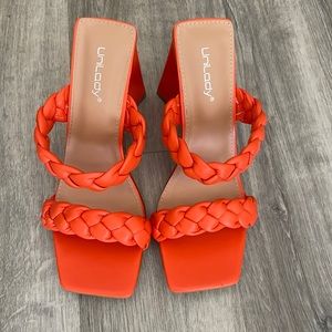 Trendy orange block sandal heels